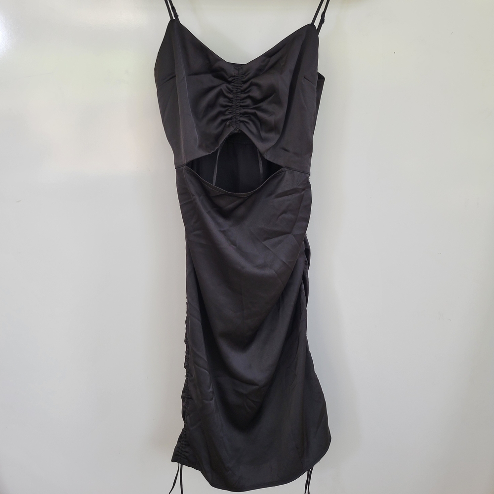 Hollister Black Satin Mini Dress with Ruched Front and Cutout